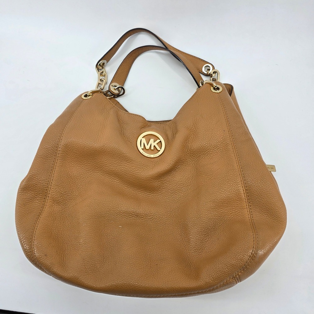 Michael Kors Fulton Large Hobo Bag Tan Pebbled Leather Gold MK Logo Shoulder Bag